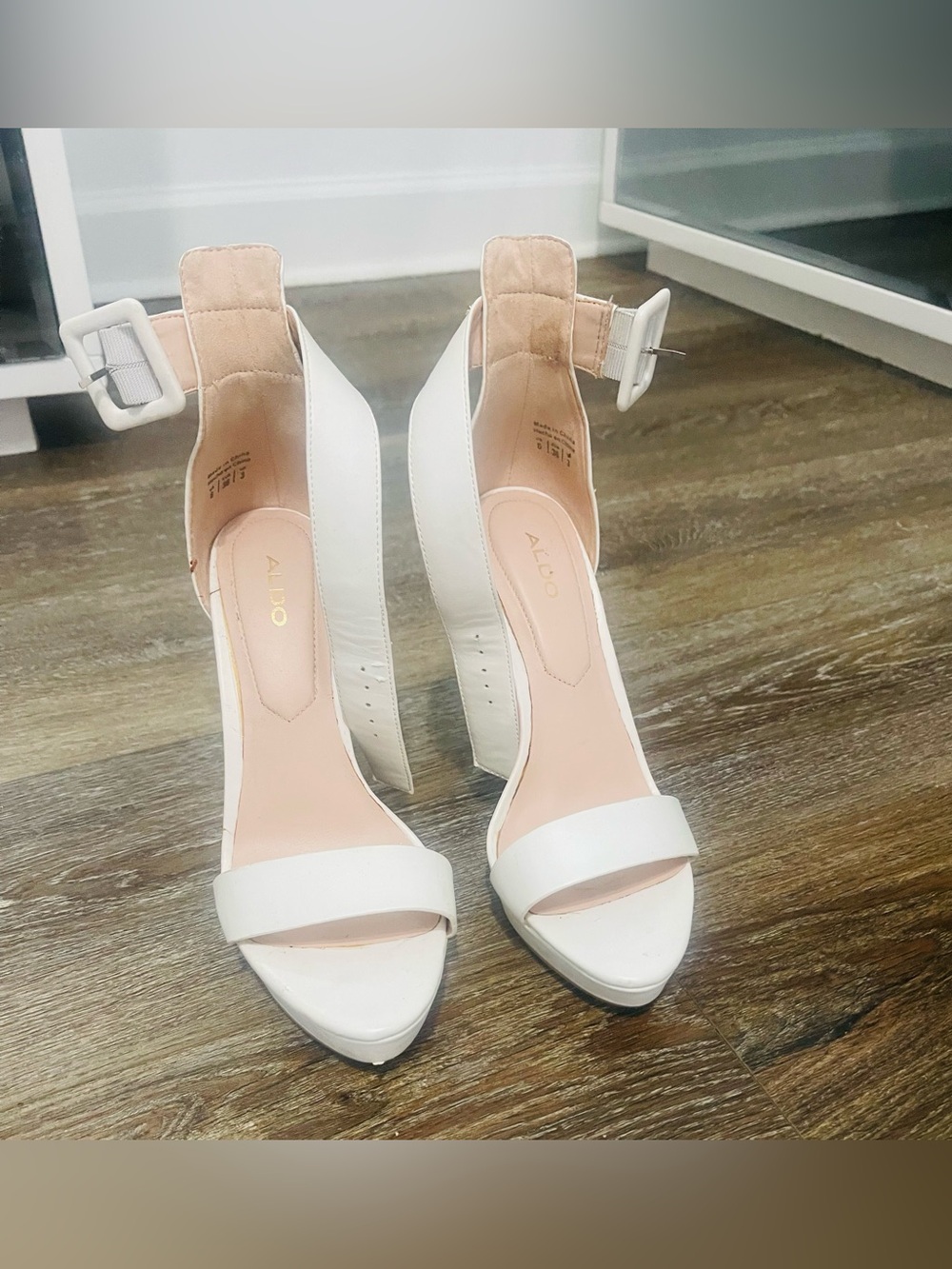 ALDO White Ankle-Strap Block Heel Sandals